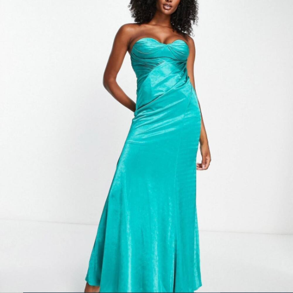 New ASOS NORDSTROM Aqua Blue Bandeau Tuck Drape Maxi Dress Size 8 Fallcore